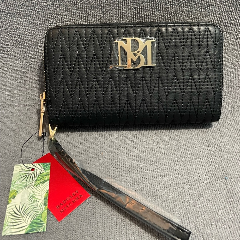 Bagley Mischka Black Vegan Leather Braid Quilting Long Wallet NWT